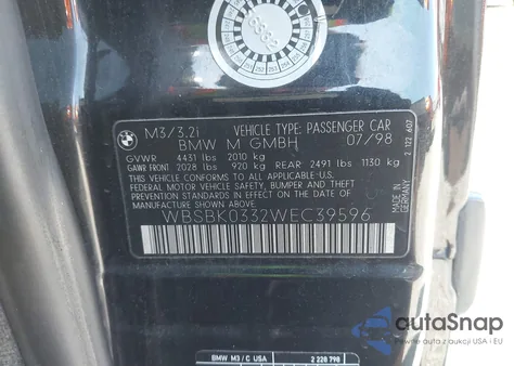 1998 BMW M3 z USA, uszkodzony, nr VIN WBSBK0332WEC39596